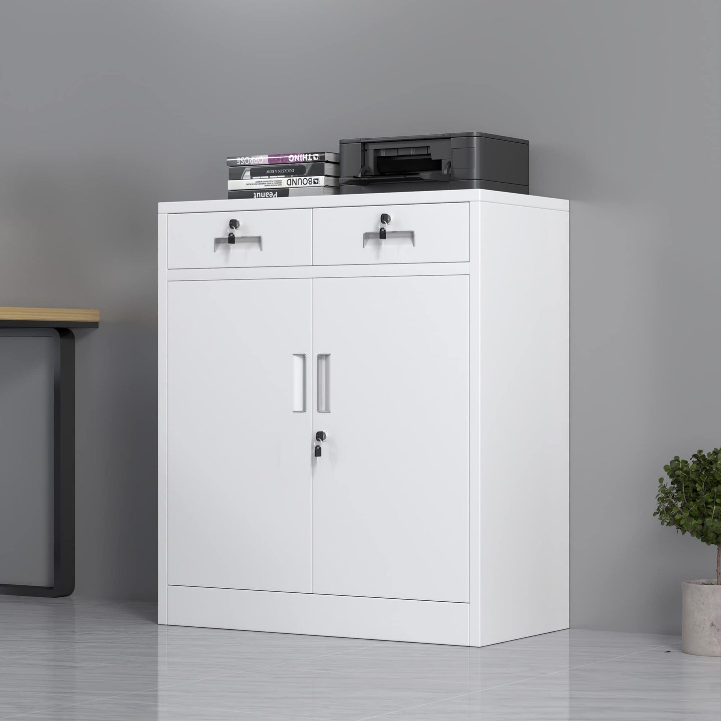 JINGUR Metal Storage Cupboard with Locking Doors and 2 Drawers (White)