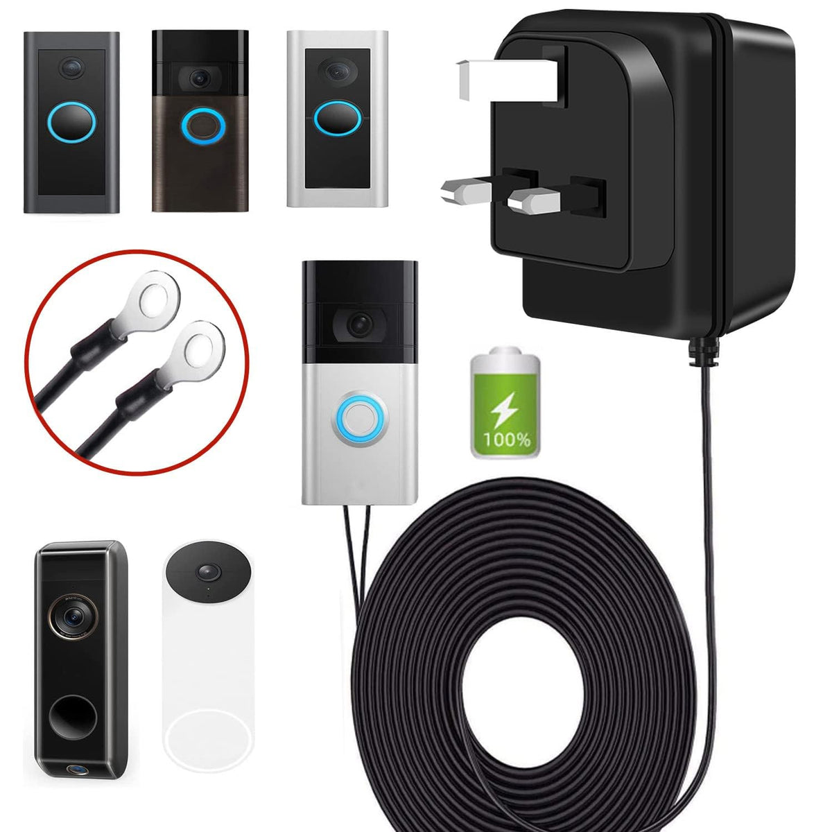 Doorbell power transformer 24V 500MA, AC230-240V to AC24V ring doorbell adapter, compatible with visual doorbell and thermostat (with 8M extension