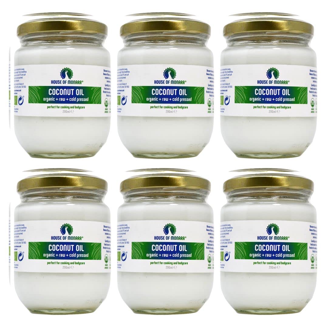 House of Monara Pure Organic Coconut Oil for Hair, Skin and Body, 1200ml (200ml x6 Packs), white