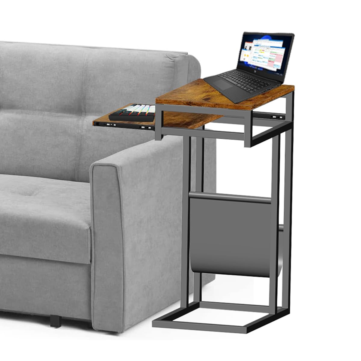 OYE C Shaped Side Table End Table, Industrial Sofa Table with Sliding Keyboard Rack, Laptop Desk for Sofa