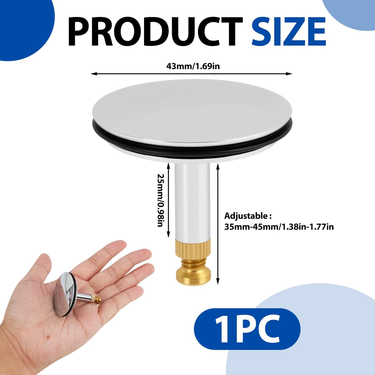 Tuwonwa Adjustable Pop-Up Bathtub & Basin Drain Plug, Copper & Rubber, 1.73 Inch (44mm), Silver