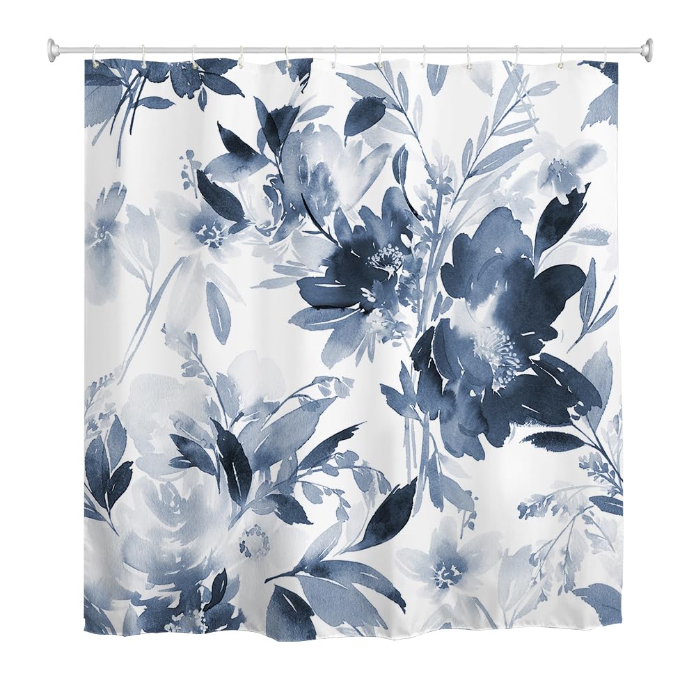 goodbath Floral Shower Curtain, Summer Watercolor Flower Waterproof Anti Mould Fabric Shower Curtains for Bathroom,180cm x 180cm, Blue