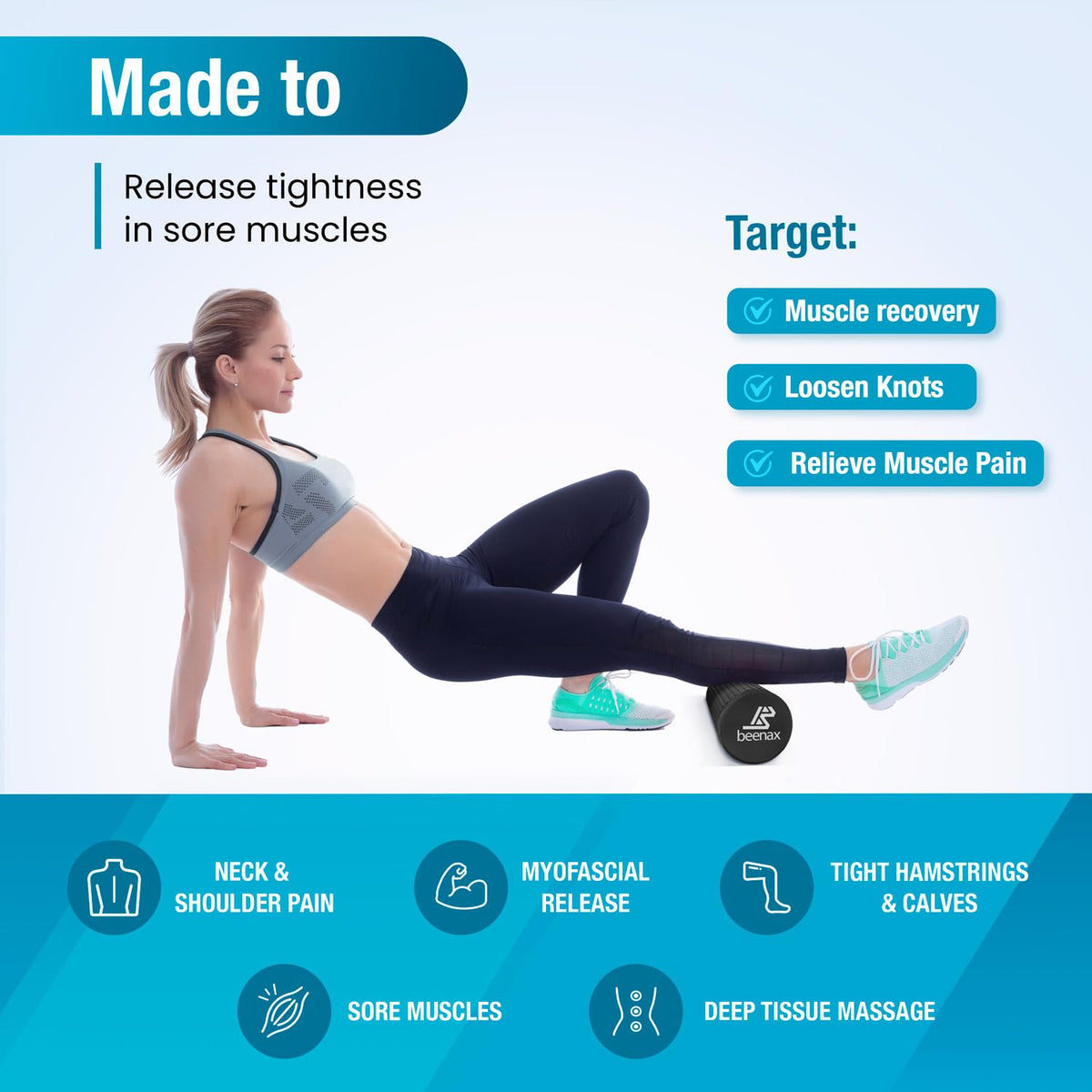 Beenax Foam Roller 90cm - Lightweight Muscle Roller for Fitness, Pilates, Yoga, Physio, Trigger Point, Deep Tissue, Joint Massage, Pain Relief -
