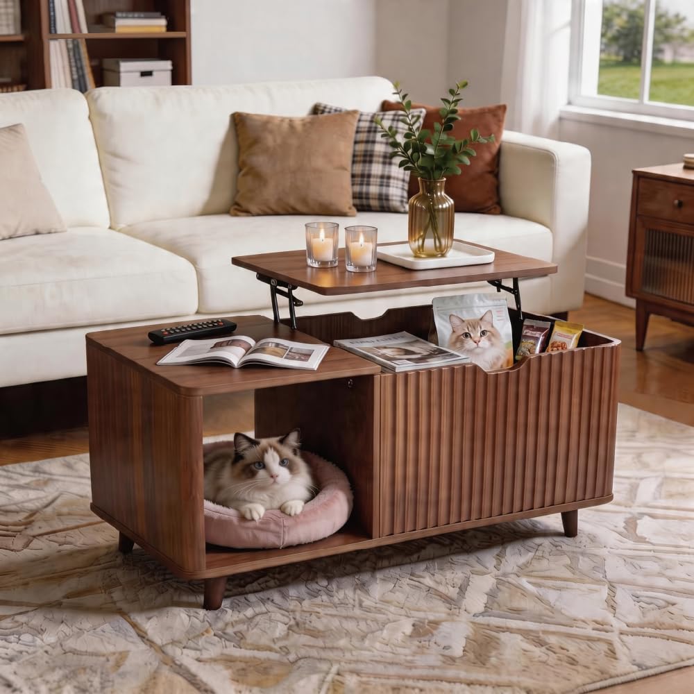DAWNYIELD Lift Top Coffee Table, Fluted Design Lifting Tea Table, Oak