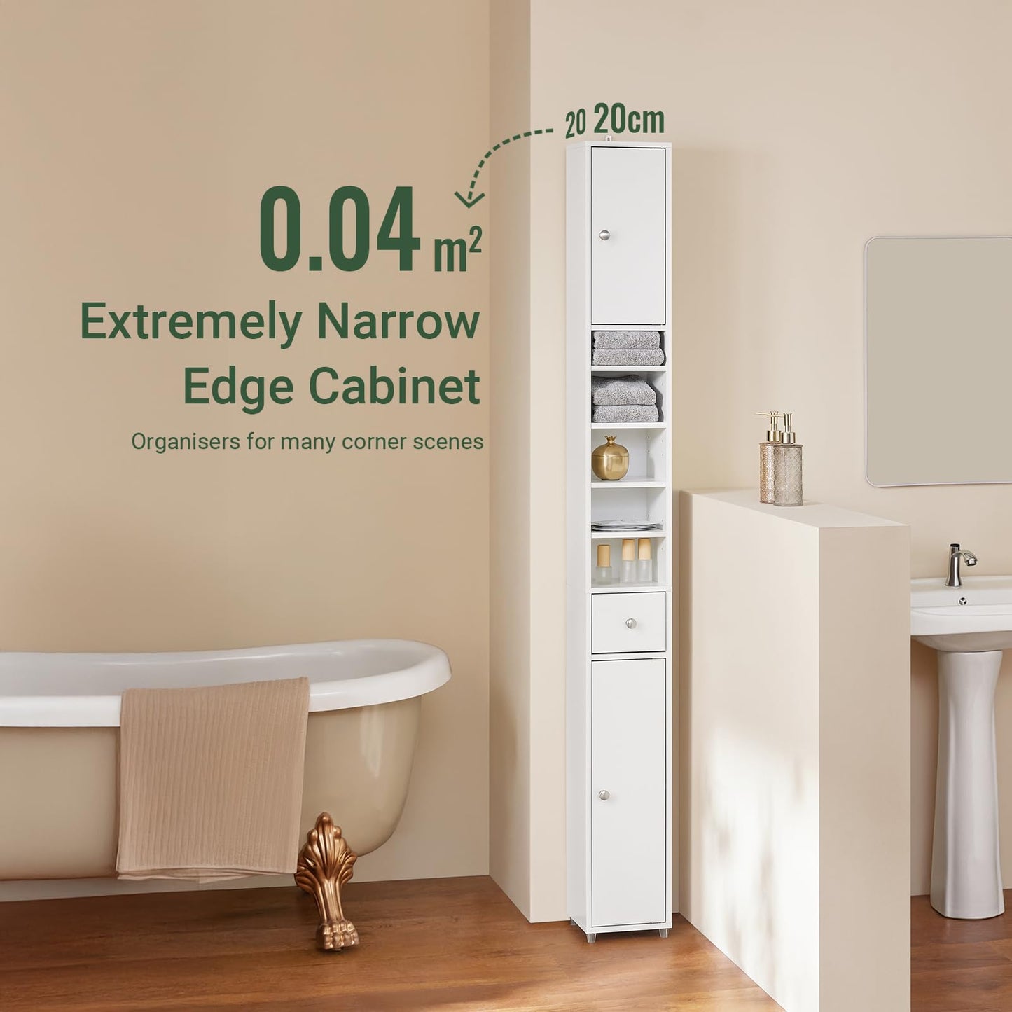 SoBuy 20cm Wide Bathroom Tall Cabinet Cupboard Bathroom Storage Cabinet White W20 x D20 x H180cm BZR34-W
