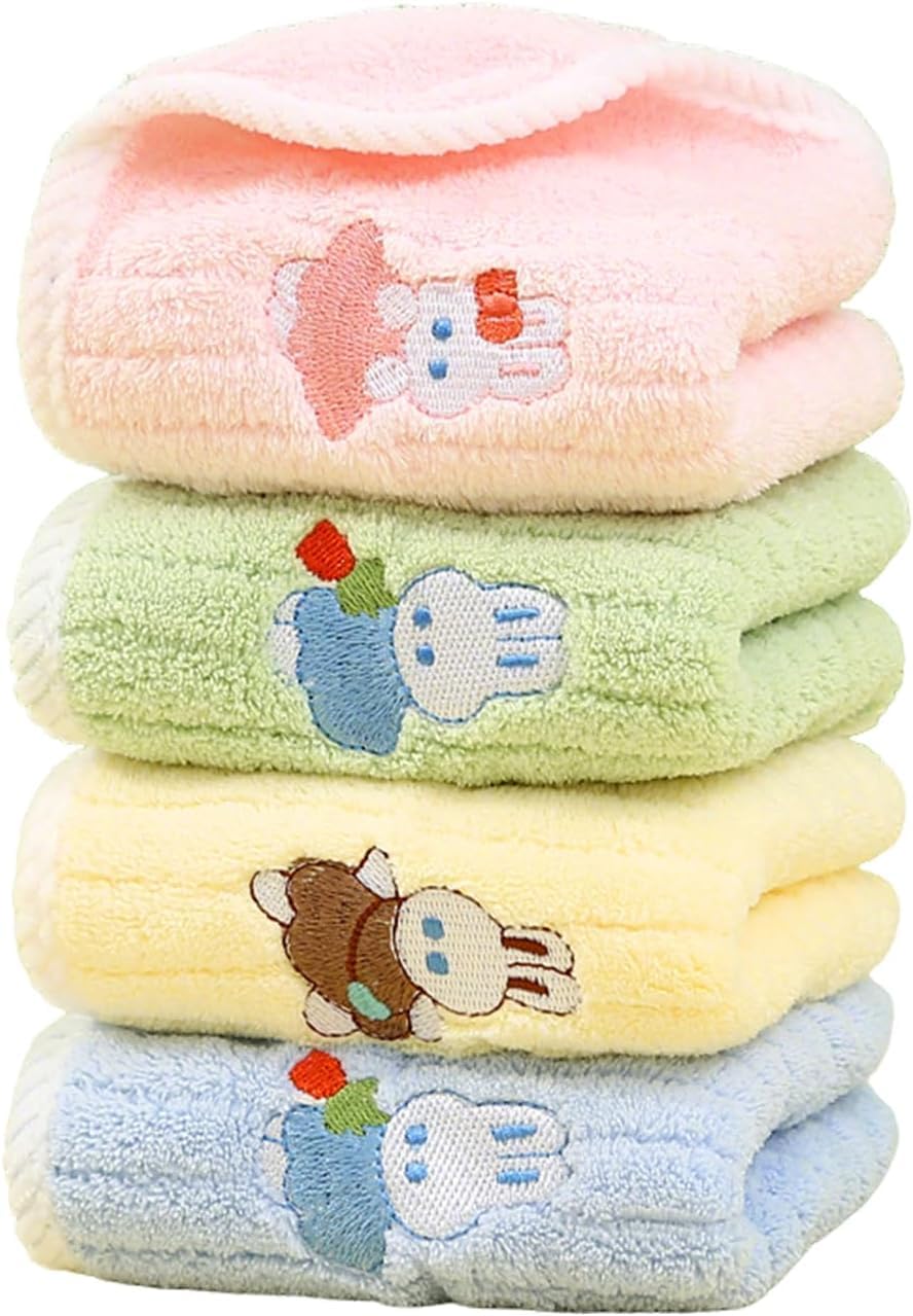 Daleweo 4 Pcs Kids Face Cloths, Soft Cotton Baby Washcloth Towels, Children's Facial Towels with Embroidered Cute Rabbit Design