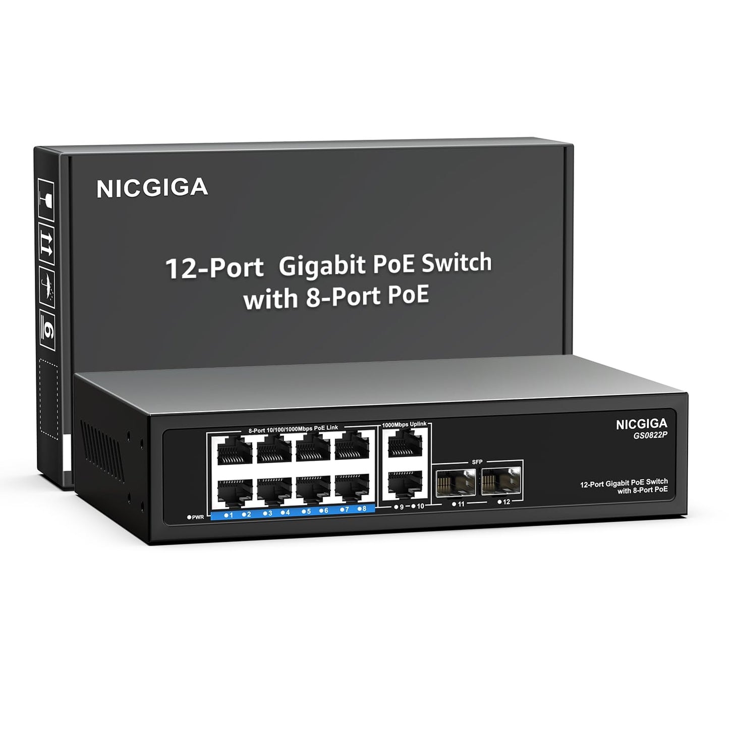 12 Port Gigabit PoE Switch Unmanaged with 8 Port IEEE802.3af/at PoE+@120W, 2 x 1000Mbps Uplink + 2 x 1G SFP, NICGIGA 8 Port Network Power Over