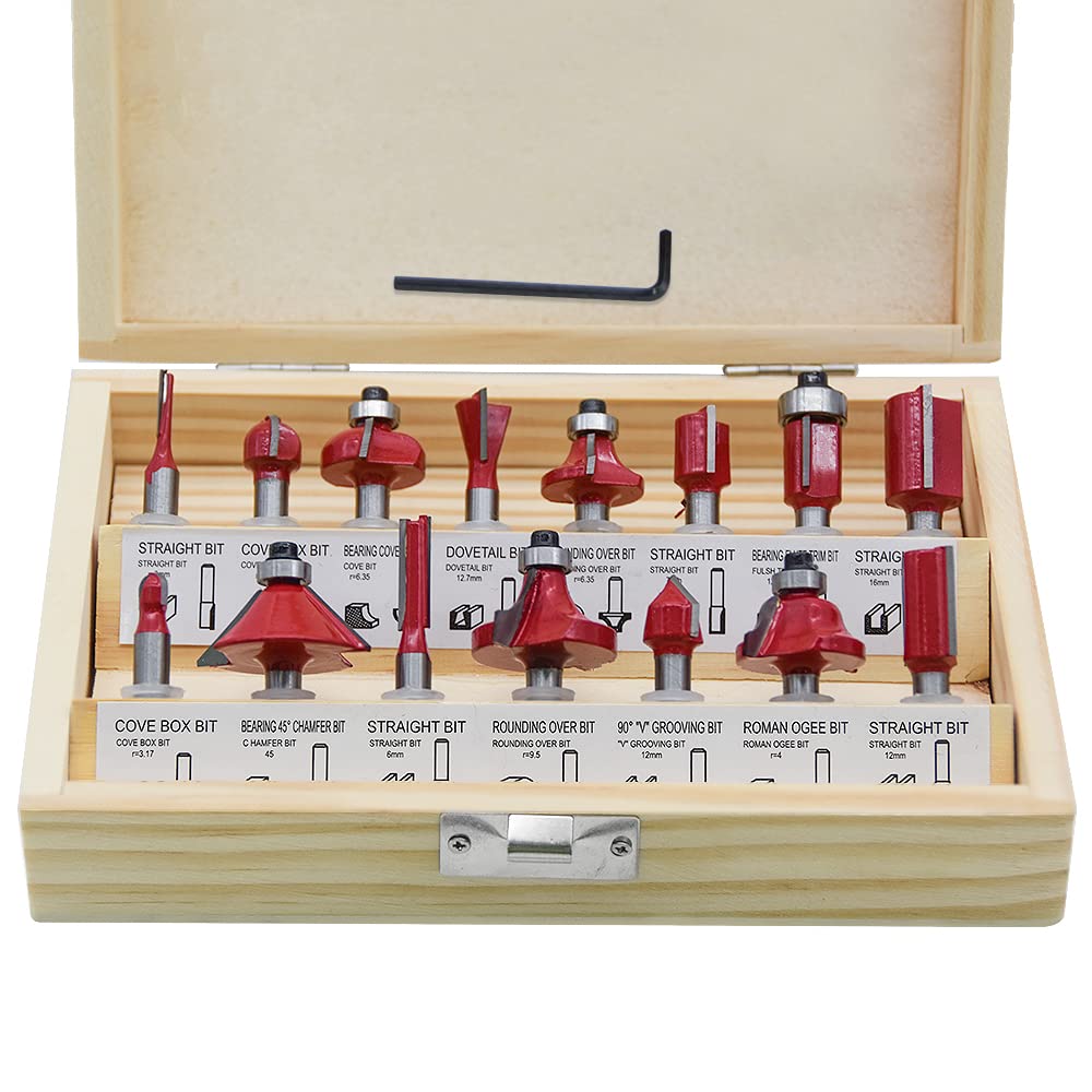1/4 inch Router Bit Set, 15pcs 6.35mm Shank Tungsten Carbide Tipped Router Bit Set with Wooden Box, Double Flute Wood Milling Saw Cutter, for Handwork