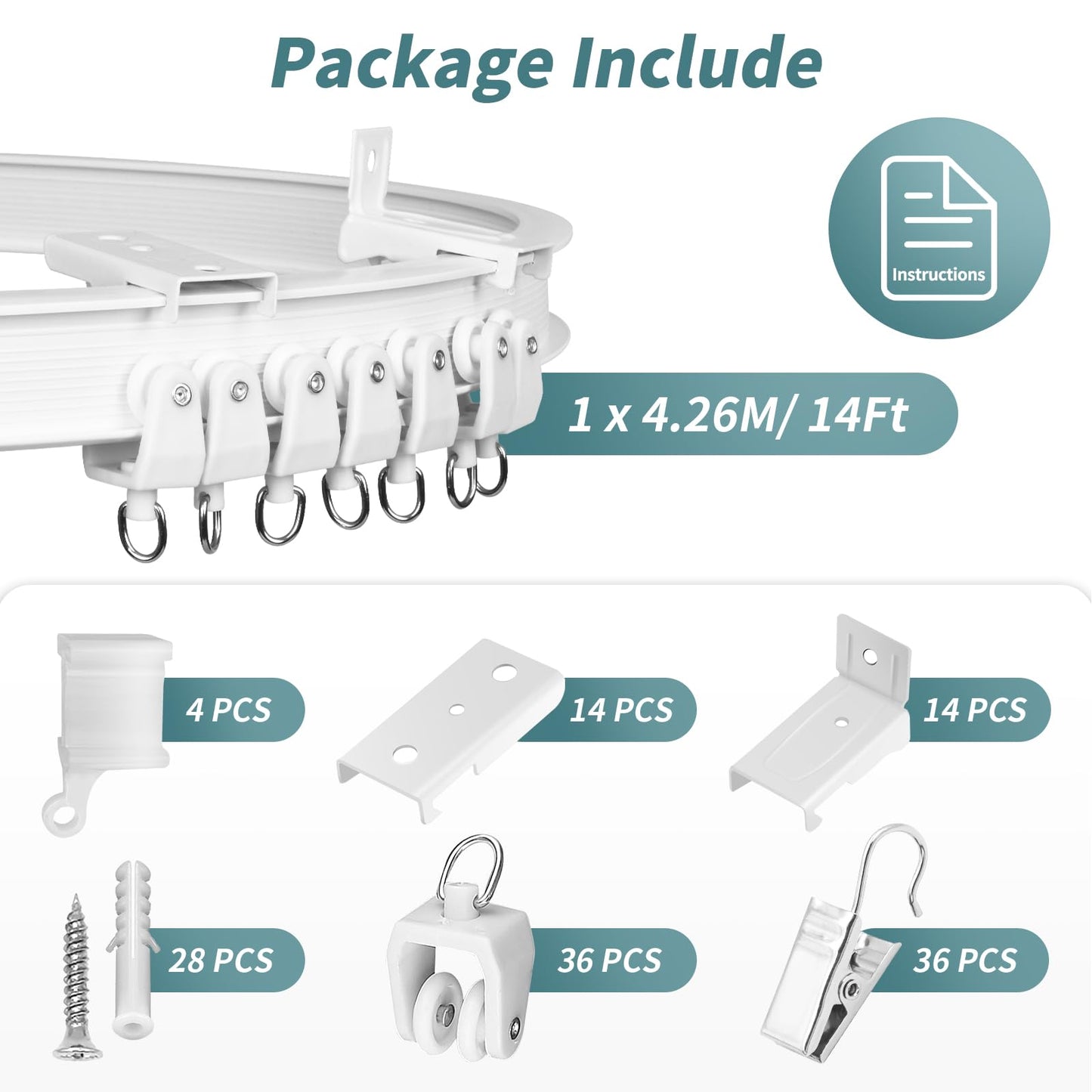 Flexible Curtain Track 4.26m Bendable Bay Window Curtain Rail Ceiling Wall Mount Plastic Heavy Duty Ceiling Track System Set, White 14Ft