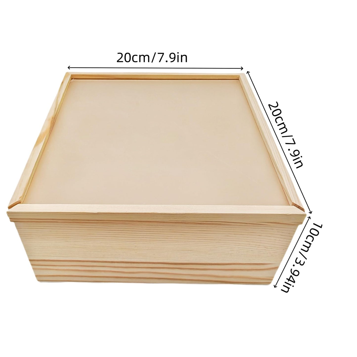 2 Pack Unfinished Wood Storage Boxes with Acrylic Slide Lid, Square Wooden Display Box for DIY Craft Storage and Decorative Organizer (20x20x10cm)