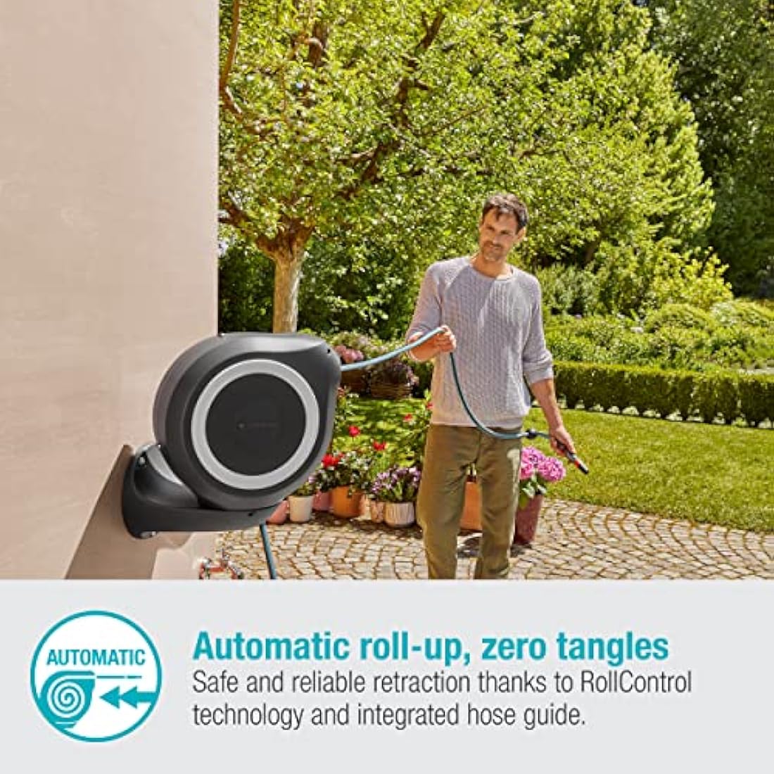 Gardena Wall-Mounted Hose Box Rollup M 20 m: Flexible Watering for Medium-Sized Gardens, Swivel Hose Reel, with Wall Bracket, System Parts and Nozzle, Including 20 m Gardena Hose (18612-20)