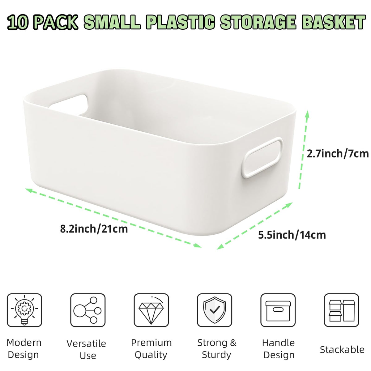 W&H 10 PCS White Plastic Storage Boxes with Handle, Small Plastic Storage Baskets for Shelves, Cupboard Organizer for Bathroom, Drawer, Kitchen