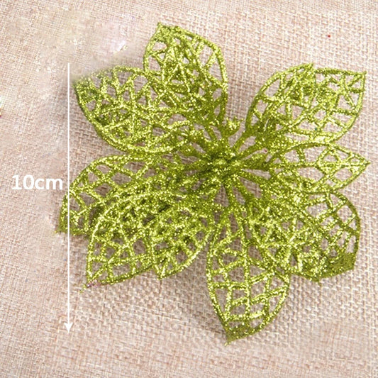 10Pcs/Set Christmas Flowers Xmas Christmas Tree Decorations Glitter Hollow Wedding Party Decor Gold/Silver/Red/Green/Blue 8Z