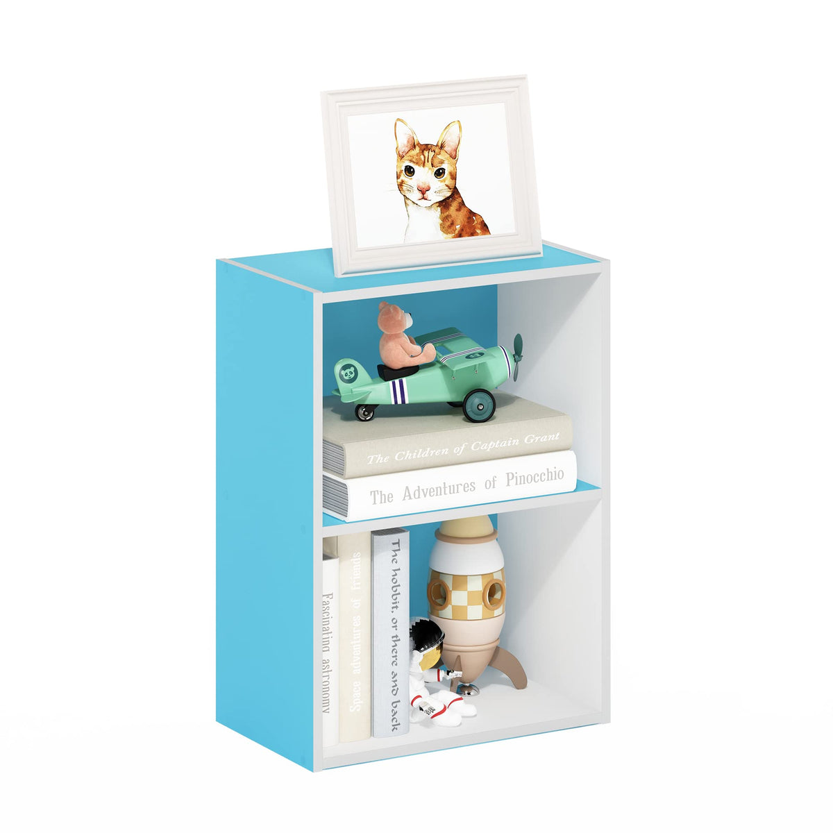 Furinno LUDER Book Shelf, 2-Tier Modern Bookshelf, Open Shelves Bookcase 9 x 16 x 21, for Living Room, Bedroom, Home Office, Light Blue/White
