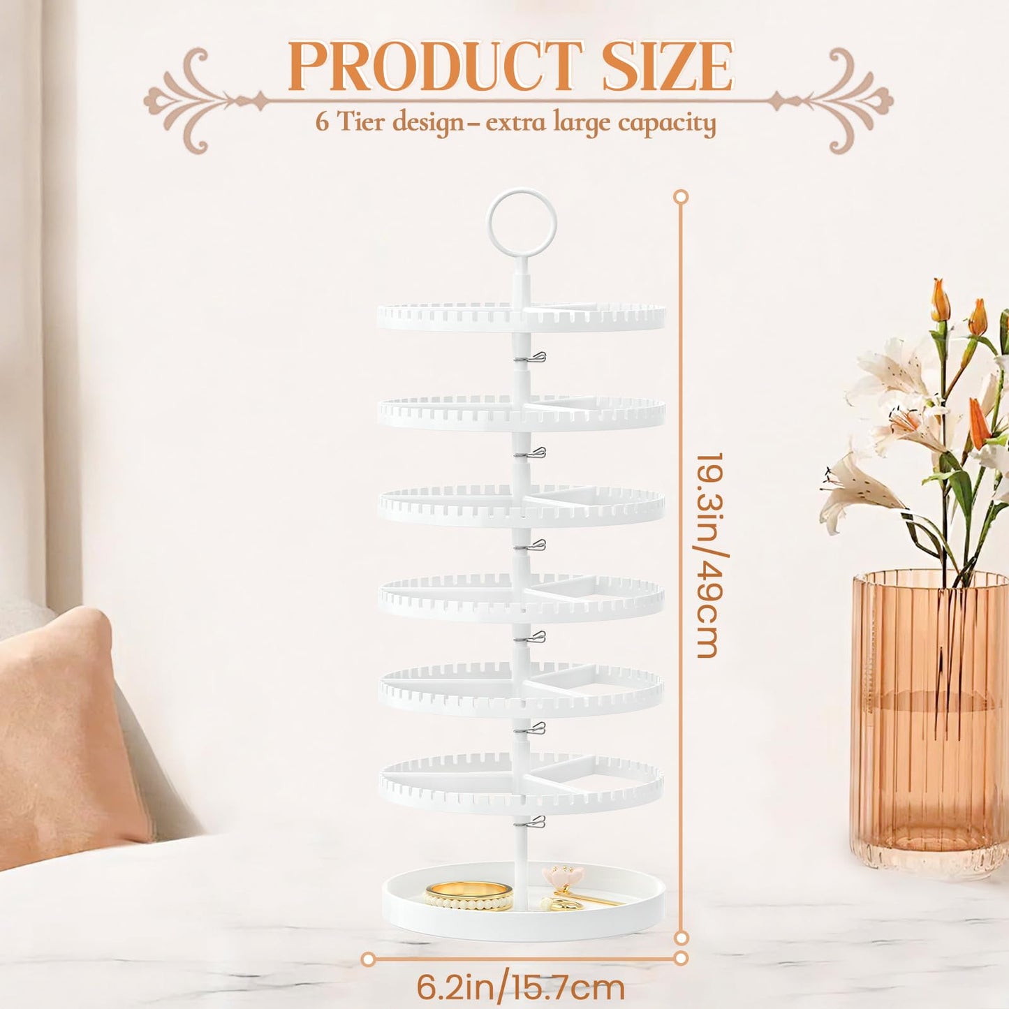 iDavosic.ly 6 Tier Rotating Earring Holder Organizer with Metal Tray, White