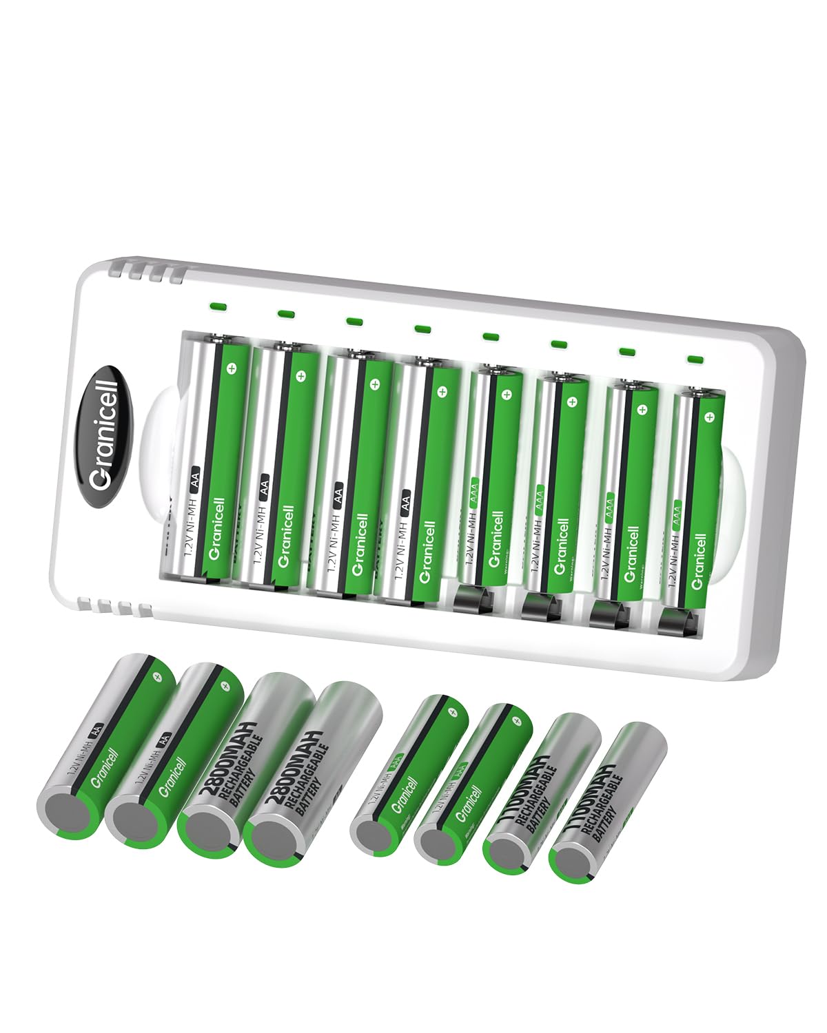 Granicell Rechargeable Batteries with Charger, 8-Bay Smart Battery Charger, LED Display, USB Smart Charging, with 8 AA 2800mAh and 8 AAA 1100mAh High