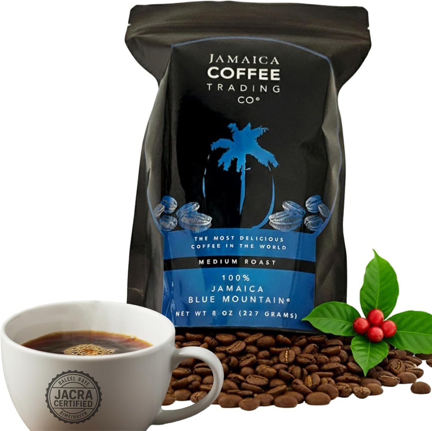 100% Jamaica Blue Mountain Coffee Beans No. 1, 227grams - Medium Roast Whole Coffee Bean - 100% Pure Arabica, Small Batch Roasted - JACRA Certified,