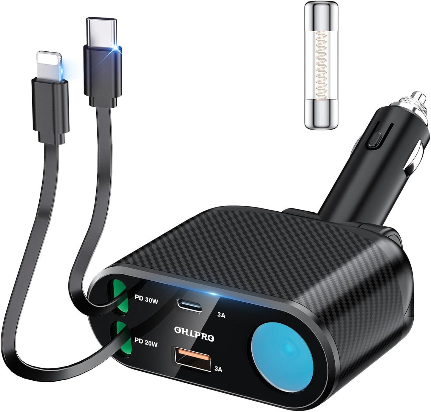 OHLPRO 5 in 1 Retractable Car Charger, 168W USB C Cigarette Lighter Adapter, Fast Car Phone Charger Built-in Replaceable Fuse, Socket Splitter with