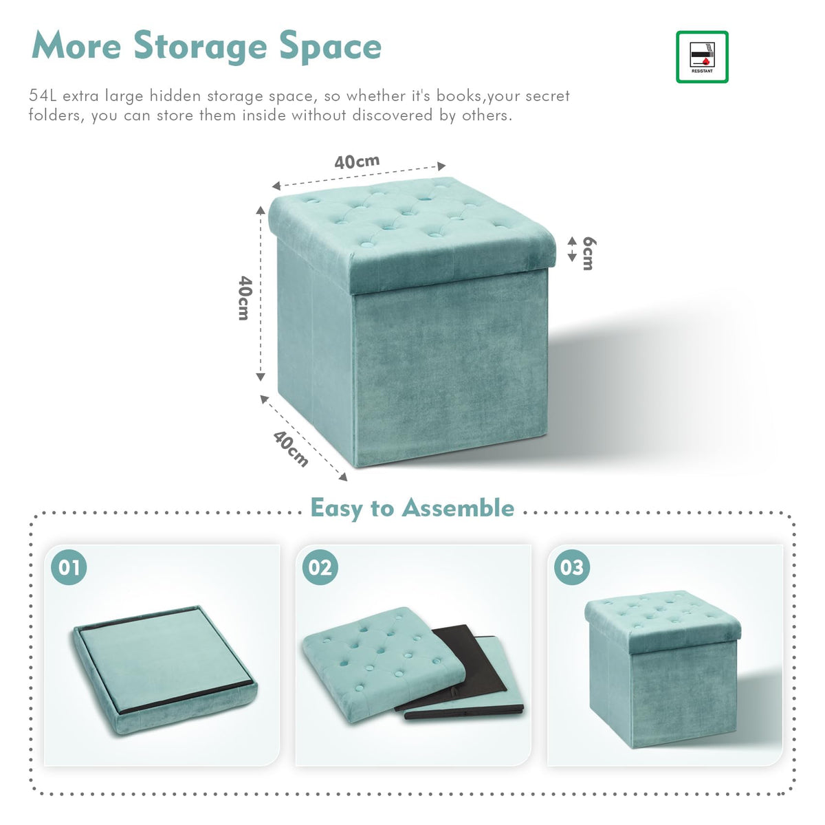 Bonlife Velvet Foldable Storage Ottoman Cube,Green Footstool with Lid,40cm