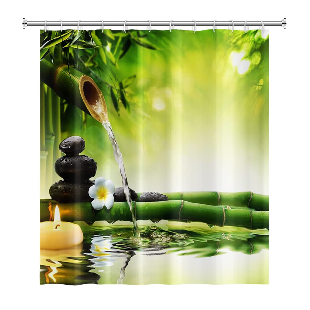 SDOTPMT 180x180cm Spa Bamboo Shower Curtain Green Leaves Aromatic Candles Water Therapy Floral Bath Curtain Zen Meditation Basalt Stones Bathtub