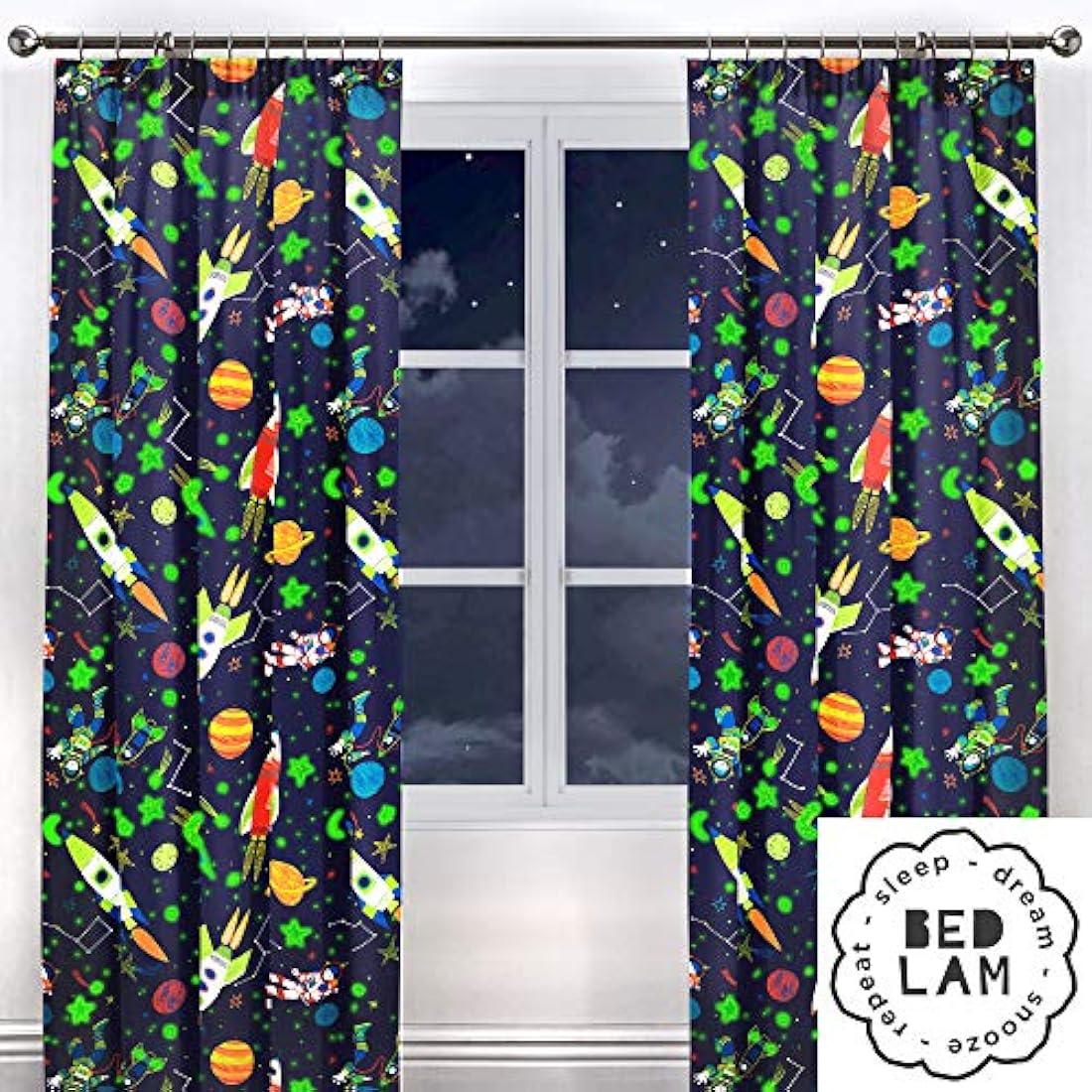 Bedlam - Supersonic - Glow In The Dark Lined Pencil Pleat Curtains - 66" Width x 72" Drop (168 x 183cm), Blue