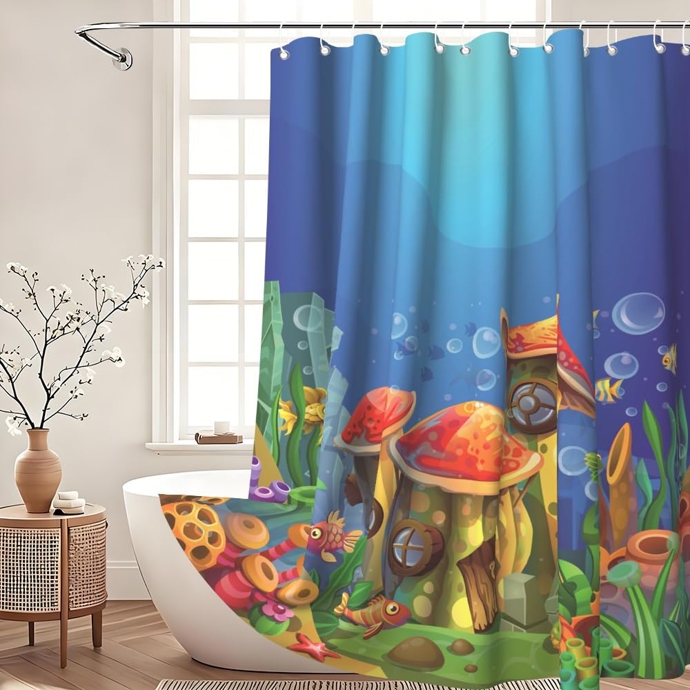 Xiaoterna Summer Fairy Tale Underwater World Shower Curtain Blue Ocean Mushroom House Nautical Waterproof Bathroom Curtain Fishes Floral Coral