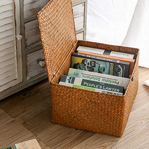 DOKOT Seagrass Storage Baskets with Lids Natural Wicker Basket (Medium 30cmx18cmx15cm H)