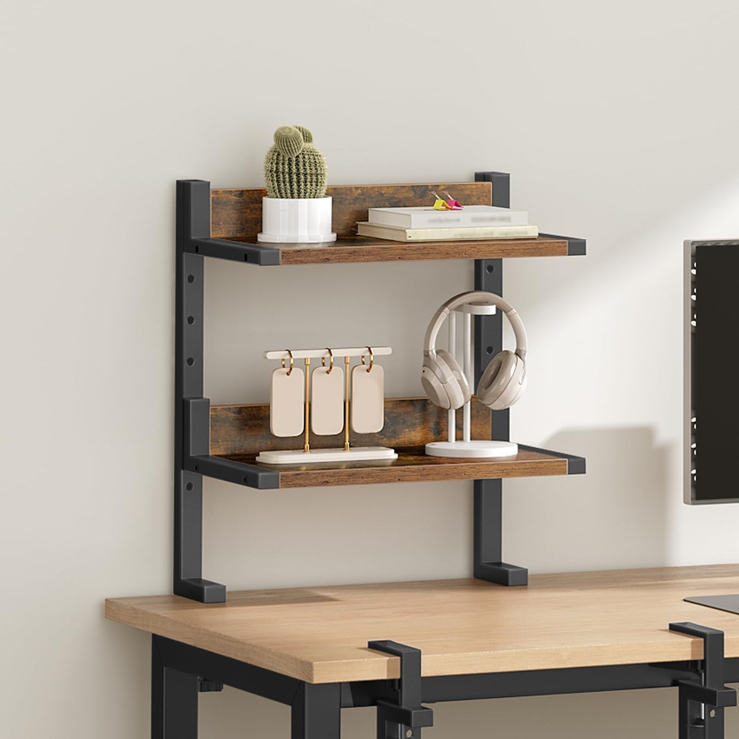 HOOBRO Clamp On Desk Shelf, 2-Tier Desktop Organizer, Space-Saving Desk Hutch with Adjustable Shelves, for Office, Study, Entertainment Accessories