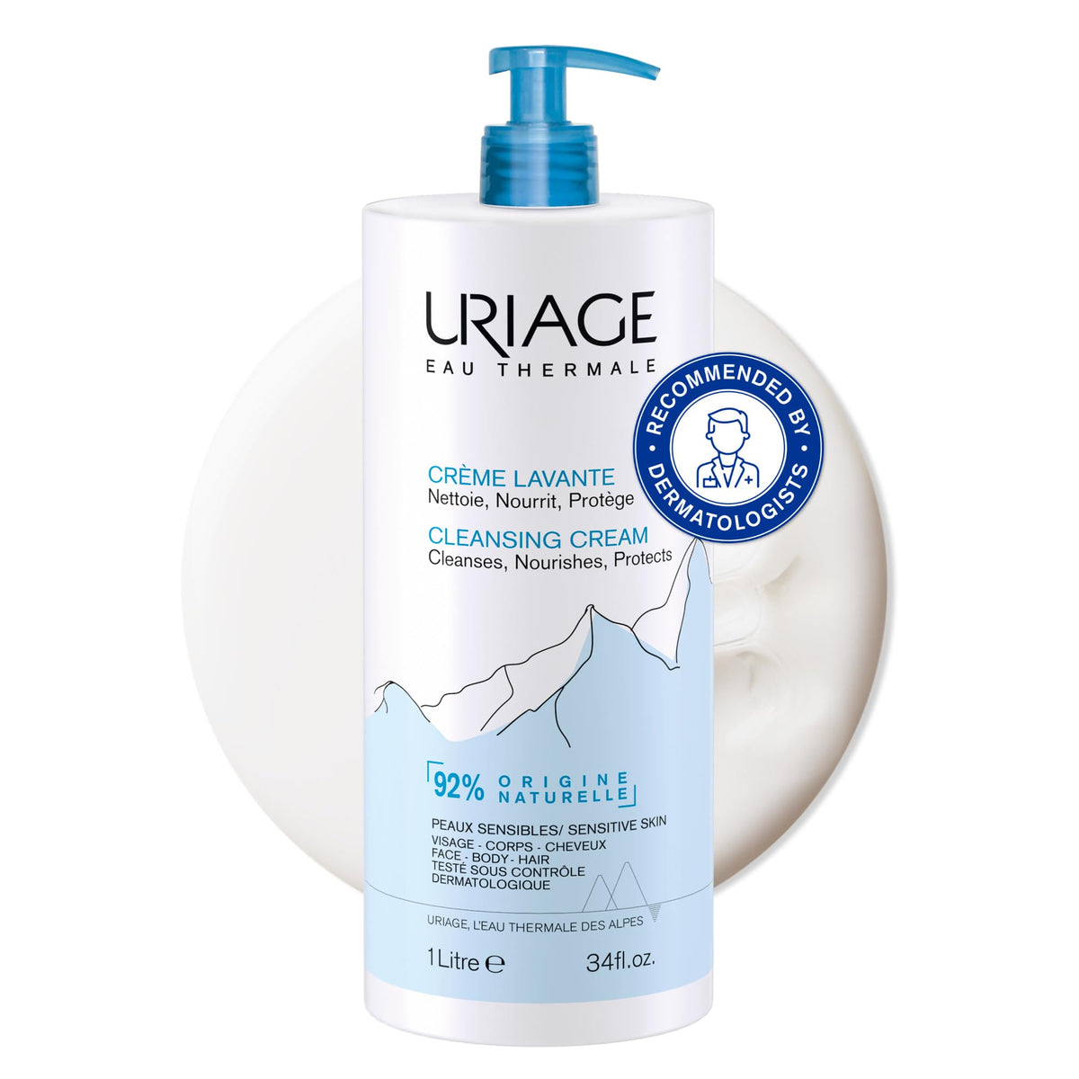 Uriage Cleansing Cream 1L - Moisturizing Body Cleanser with Shea Butter - 2-in-1 Cleansing & Nourishing - Face, Body & Hair - 92% Natural Origin,