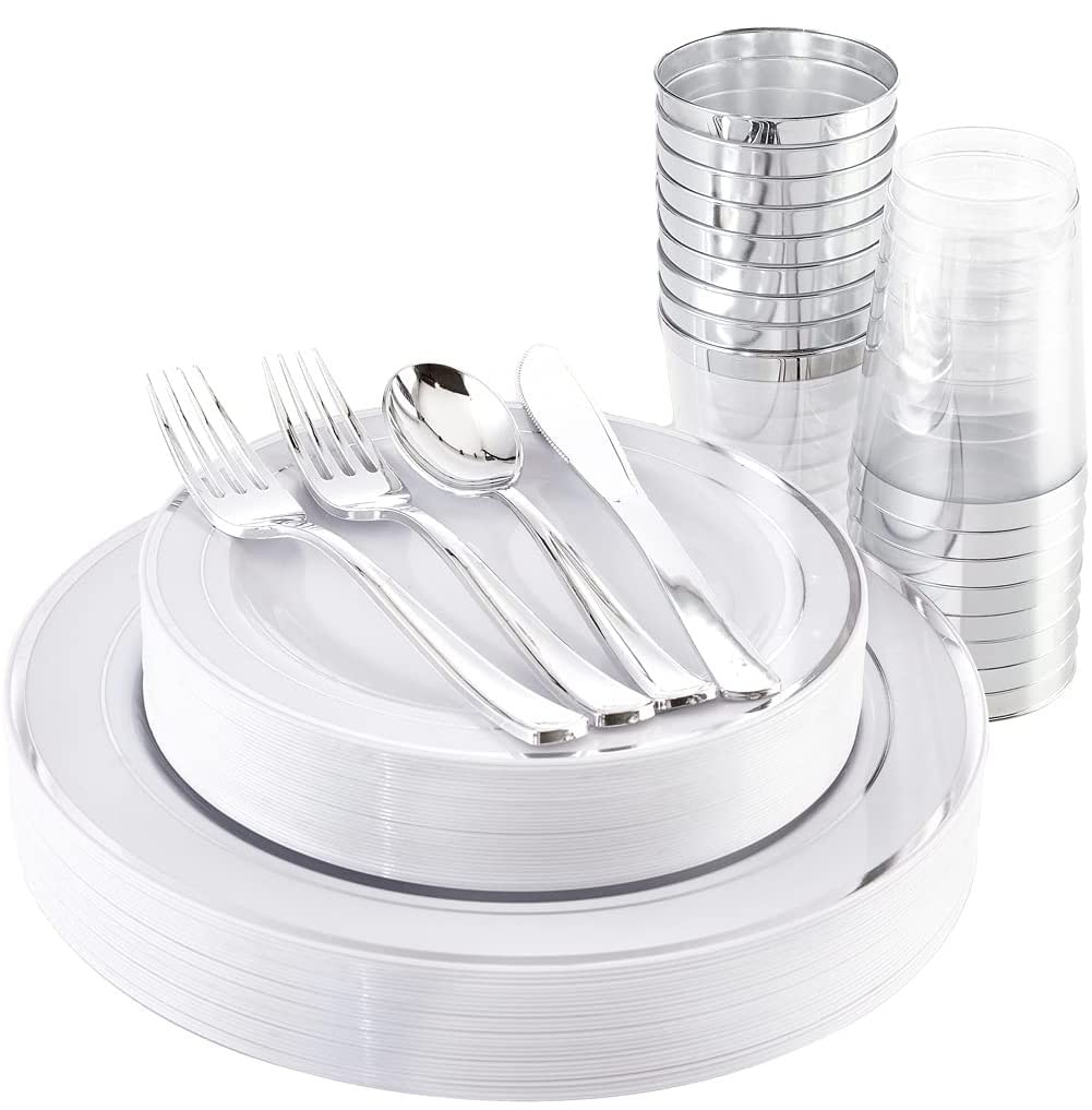 LATERN 150Pcs Multi-Use Silver Plastic Dinnerware Set, 25 x Resuable Dinner Plates, 25 x Salad Plates, 25 x Knives, 25 x Mini Forks, 25 x Spoons, 25 x
