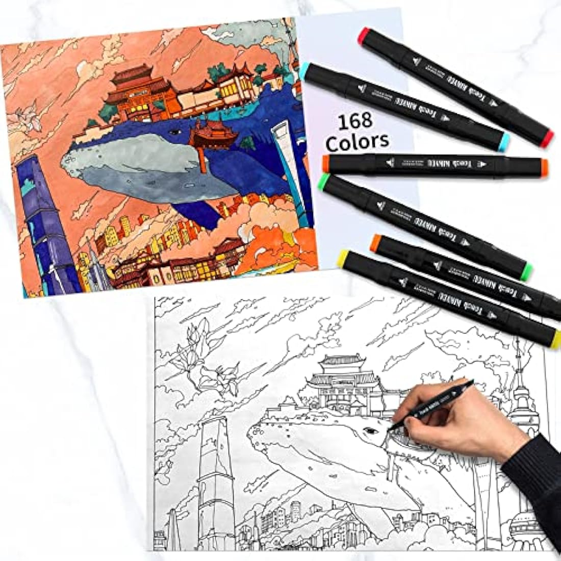SOSINYA 168 Colours Dual Tip Art Markers Set, Felt Tip Pens for Adults, Permanent Alcohol Marker Pens for Drawing,Sketching,Anime,Manga with Carrying Case and Storage Base