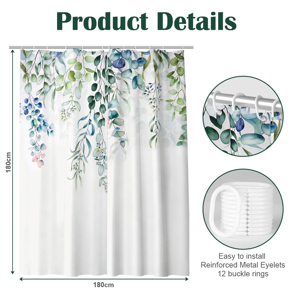 HAGOT Shower Curtain, Water and Mould Resistant Bathroom Curtain, Polyester Machine Washable Fabric, Bath Curtain with Hooks, 180 x 180 cm