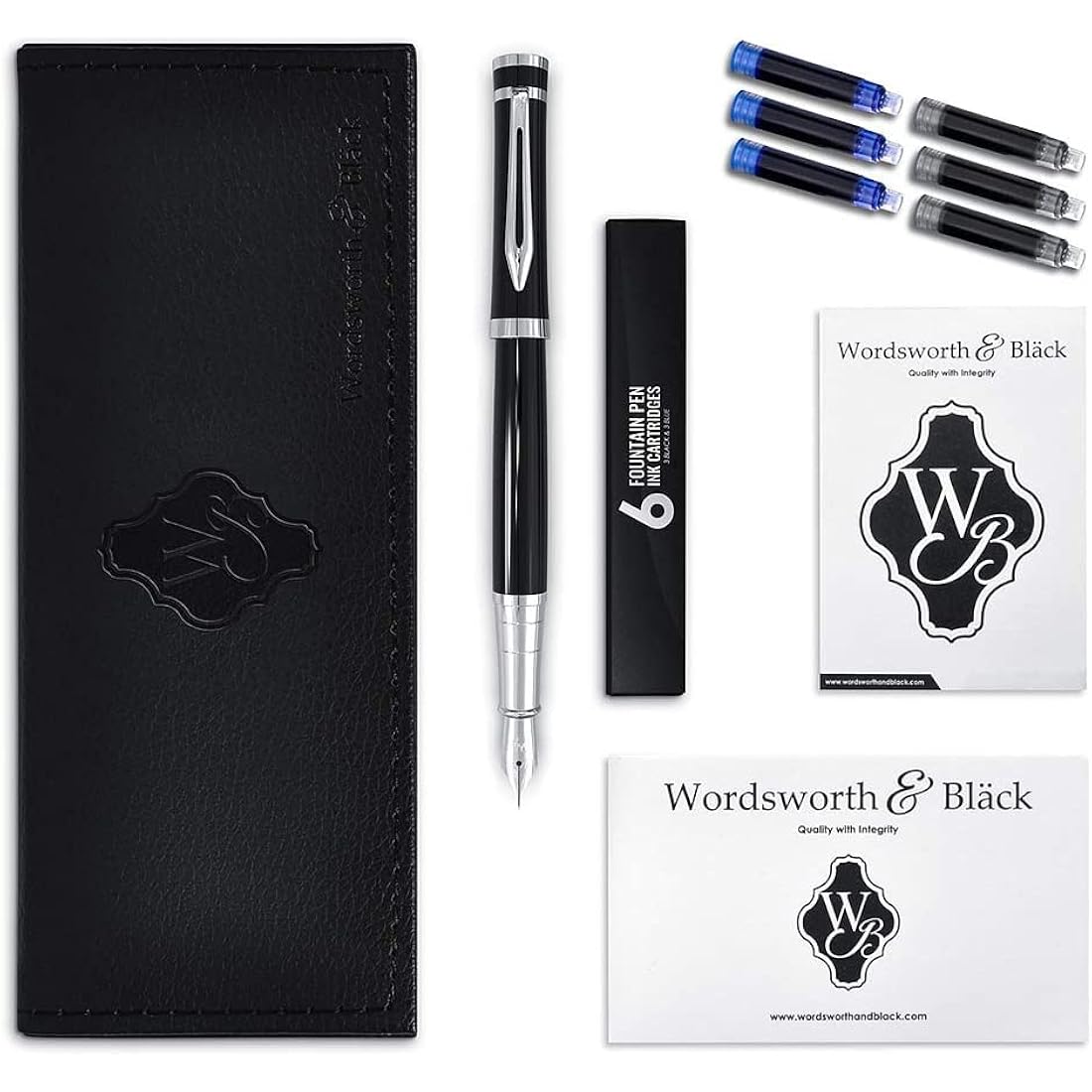 Wordsworth & Black Fountain Pen Set, 18K Gilded Medium and Fine Nibs, 6 Ink Cartridges and Refill Converter, Gift Case, Smooth Writing Pens [Black Chrome], Perfect for Men and Women
