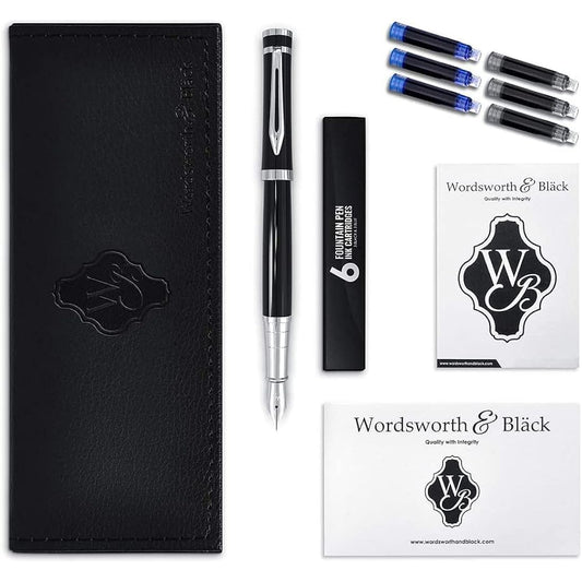 Wordsworth & Black Fountain Pen Set, 18K Gilded Medium and Fine Nibs, 6 Ink Cartridges and Refill Converter, Gift Case, Smooth Writing Pens [Black Chrome], Perfect for Men and Women