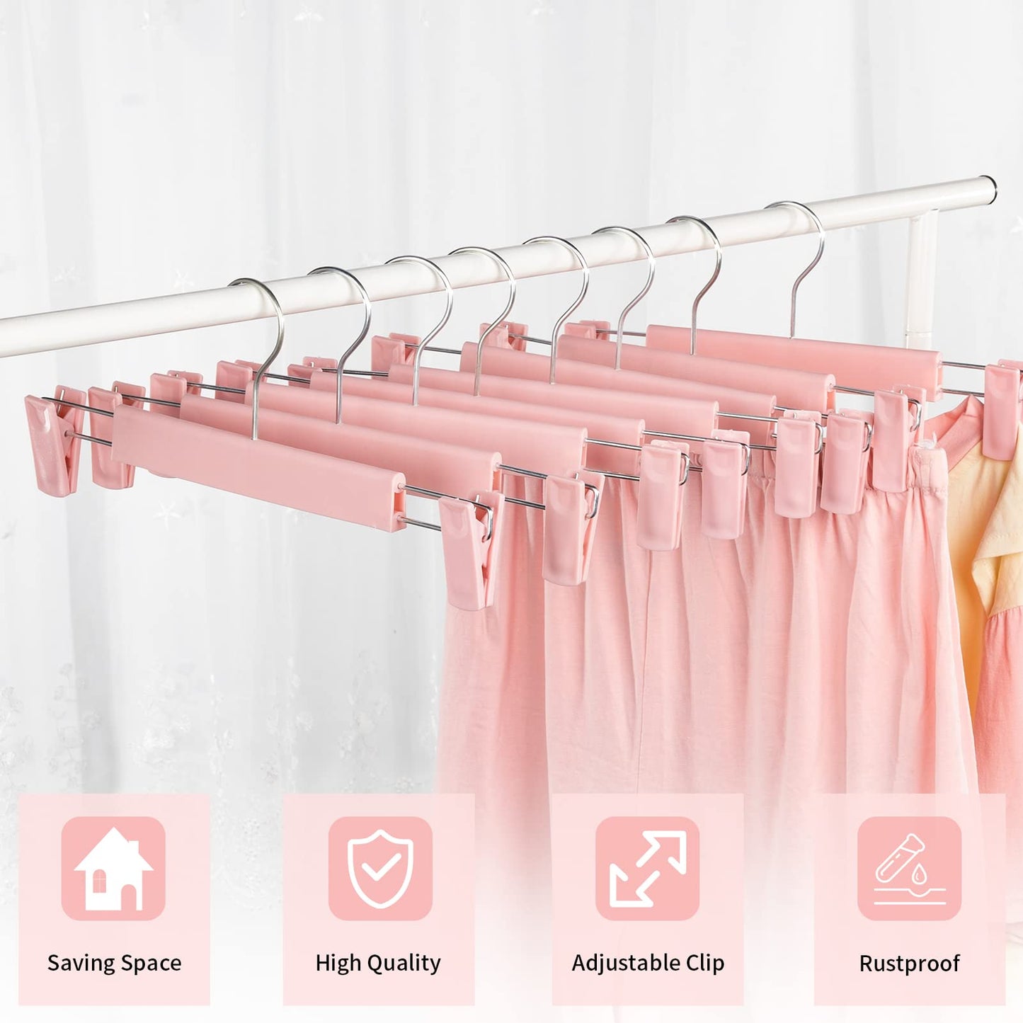 Lamitocs Pack of 10 Skirt Hangers with Strong Non-Slip Adjustable Clips Hooks, Space-Saving Trouser Hangers for Hanging Trousers, Socks, Skirts