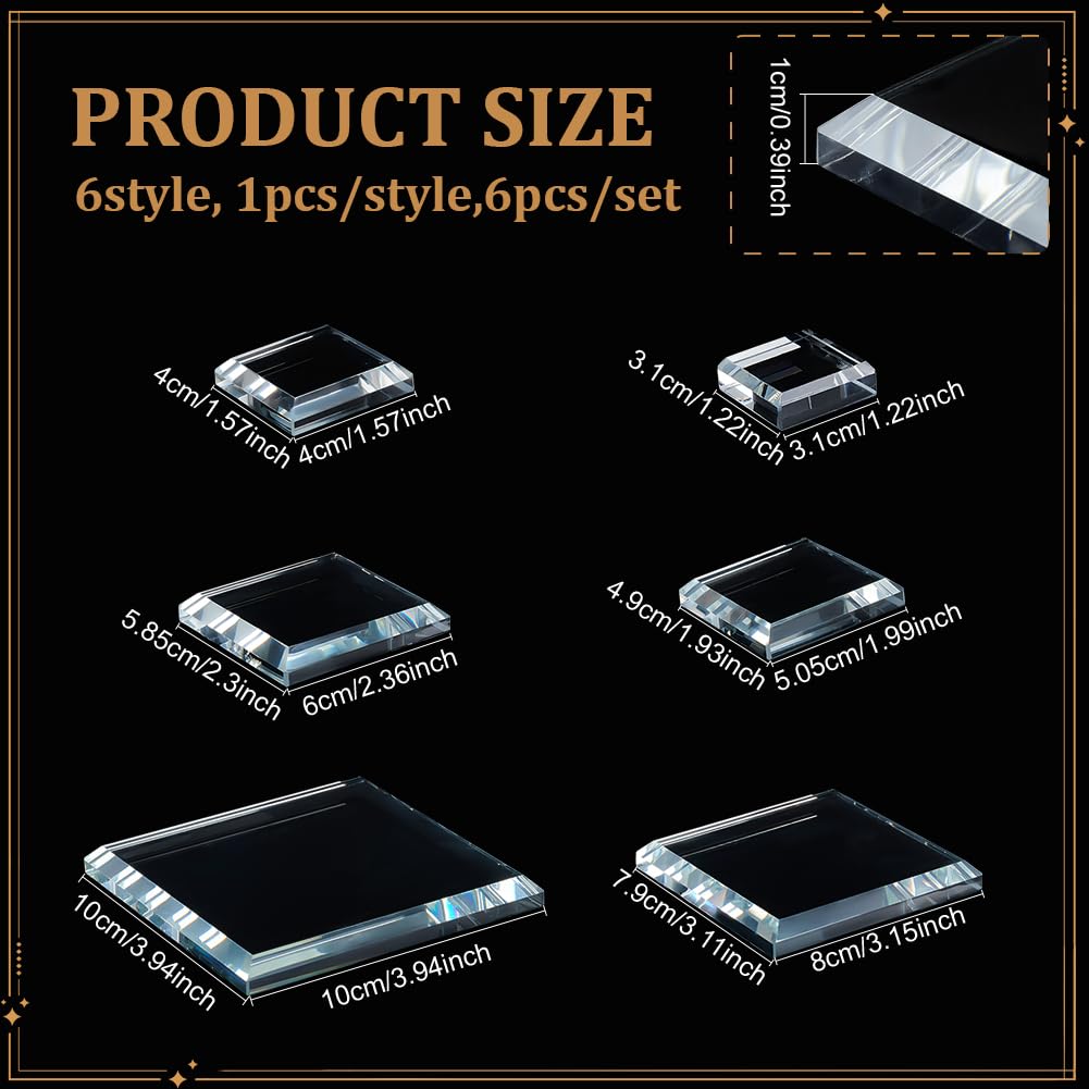 PH PandaHall 6 Pack Clear Crystal Glass Display Base, 6 Size Square Flat Glass Display Stand Blocks Cube Polished Riser Pedestal Stand for Figurines