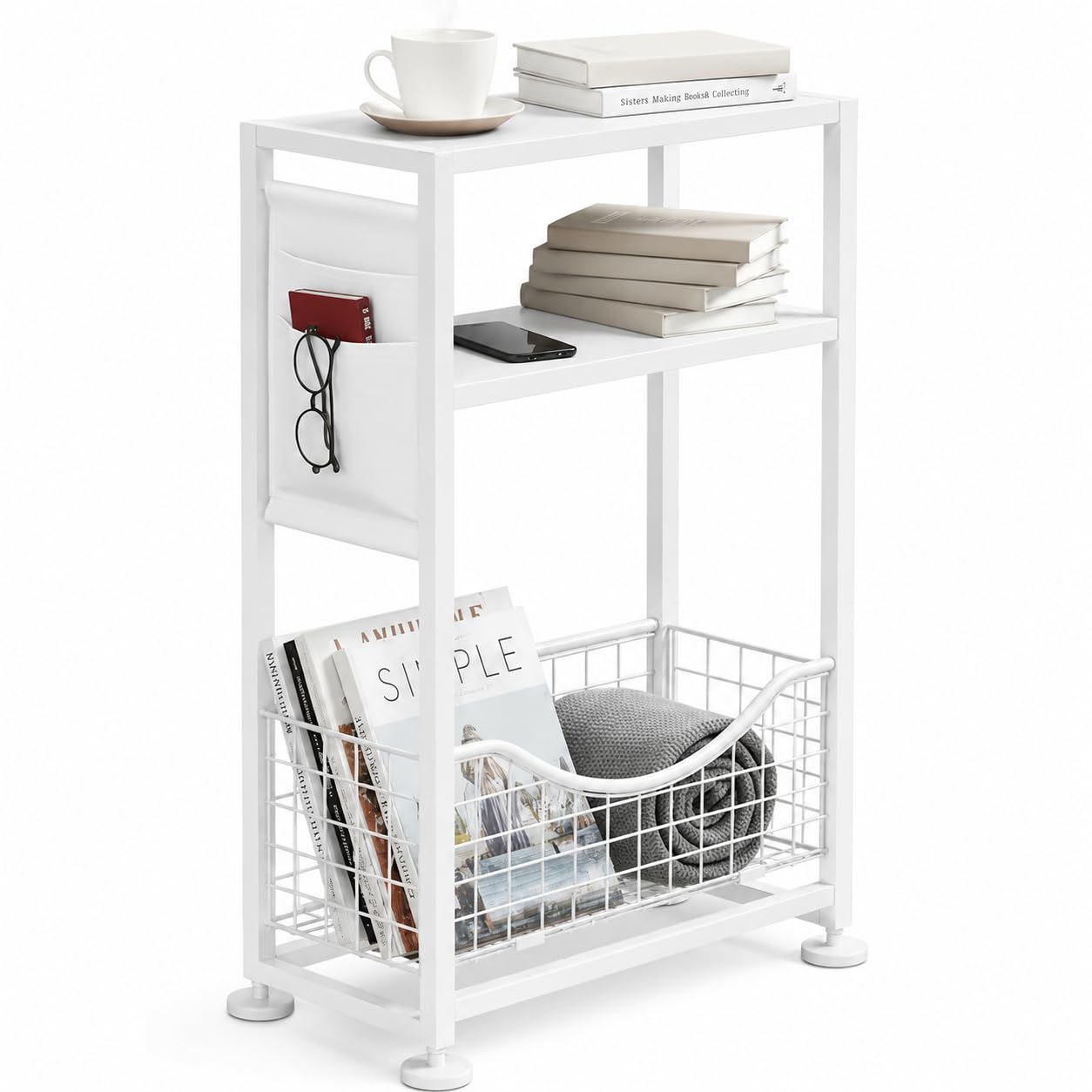 ZEXVIDA Narrow Side Table, 3-Tier Slim End Table with Magazine Holder and Fabric Storage