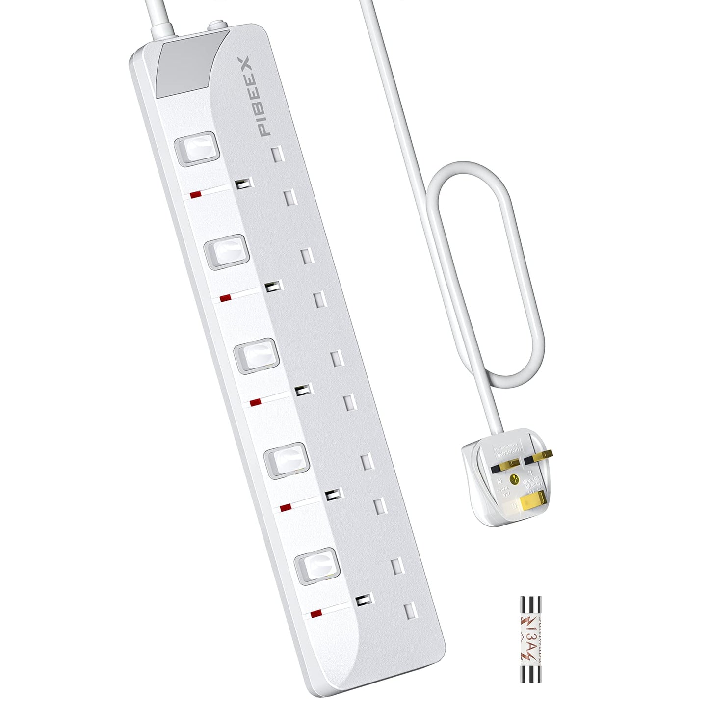PIBEEX Extension Lead 5 Way Multi Plug Extension Sockets with Individual Switches Wall-Mounted Power Strip 3M Extension Cord 13A Fused UK Plug 3250W