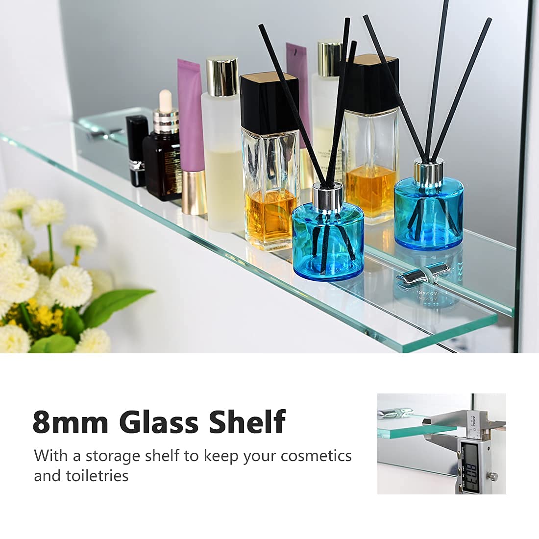 EMKE Frameless Mirror with Shelf - Small Bathroom Wall Shaving Mirror with Storage, Rectangle Vanity Mirrors 45x60cm