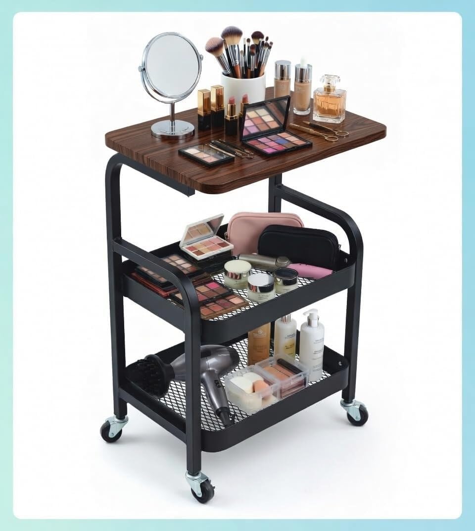 3 Tier Rolling Cart Metal Storage Trolly on Wheels, Coffee Cart Bedside Microwave Cart Trolley Organizer for Kitchen, Office, Living Room Bathroom