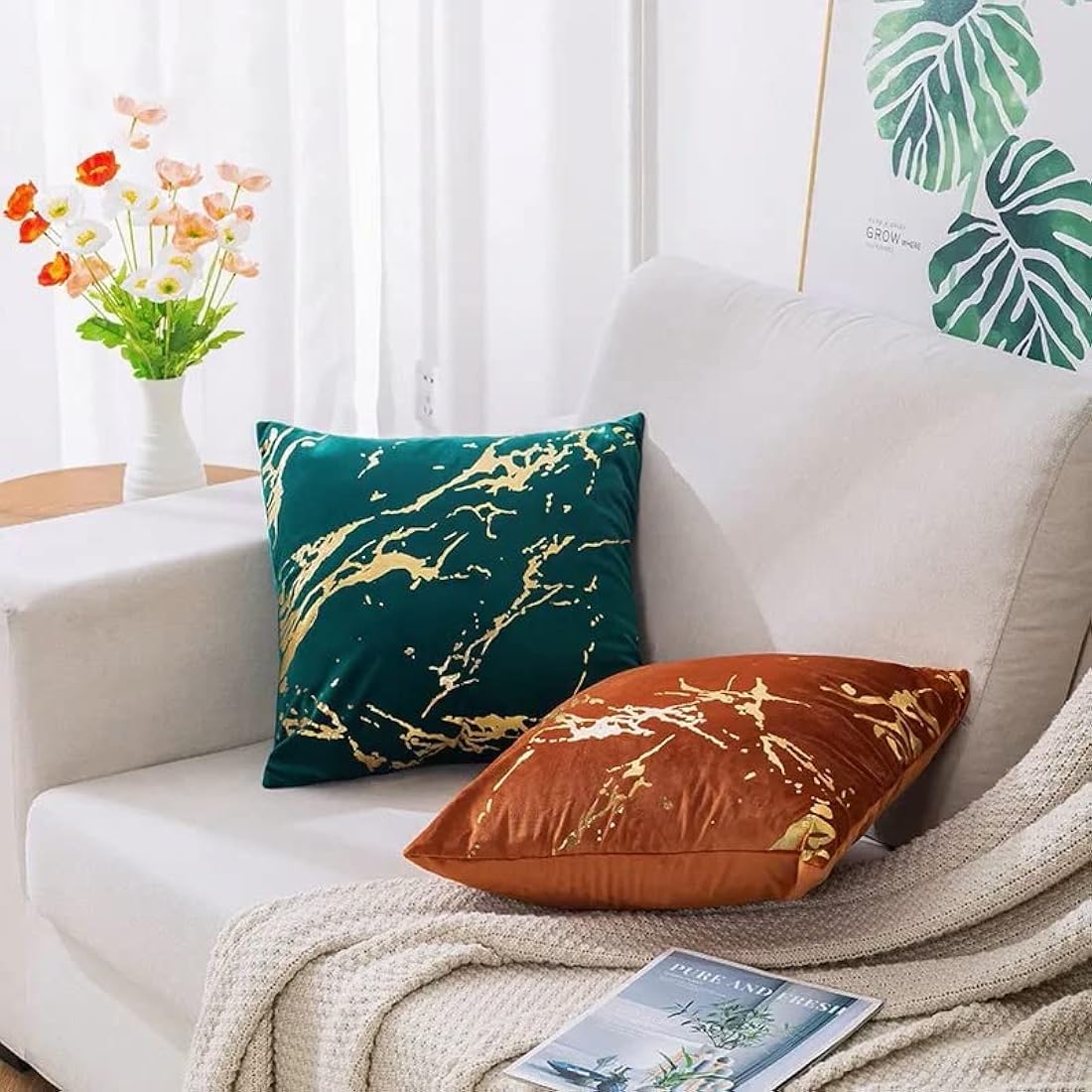 RKAAS HOME Pack of 2 Super Soft Decorative Luxurious Dutch Velvet Square Cushion Covers for Living Room Sofa Couch Bed 45cm x 45cm 18x18 Inches (Pack of 2 - Marble Pattern Green)