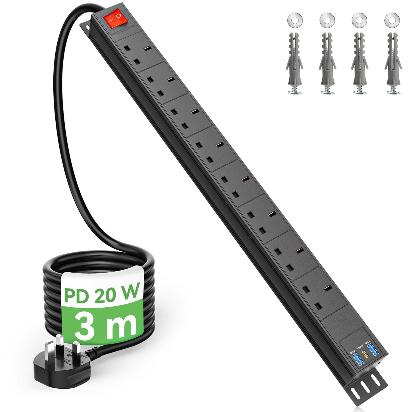 3m Cable 8 Way Power Strip Surge Protector, 8 Way Extension Lead USB C PD20W with Switches, Wall Mount Power Strip with Metal Casing for Home Office