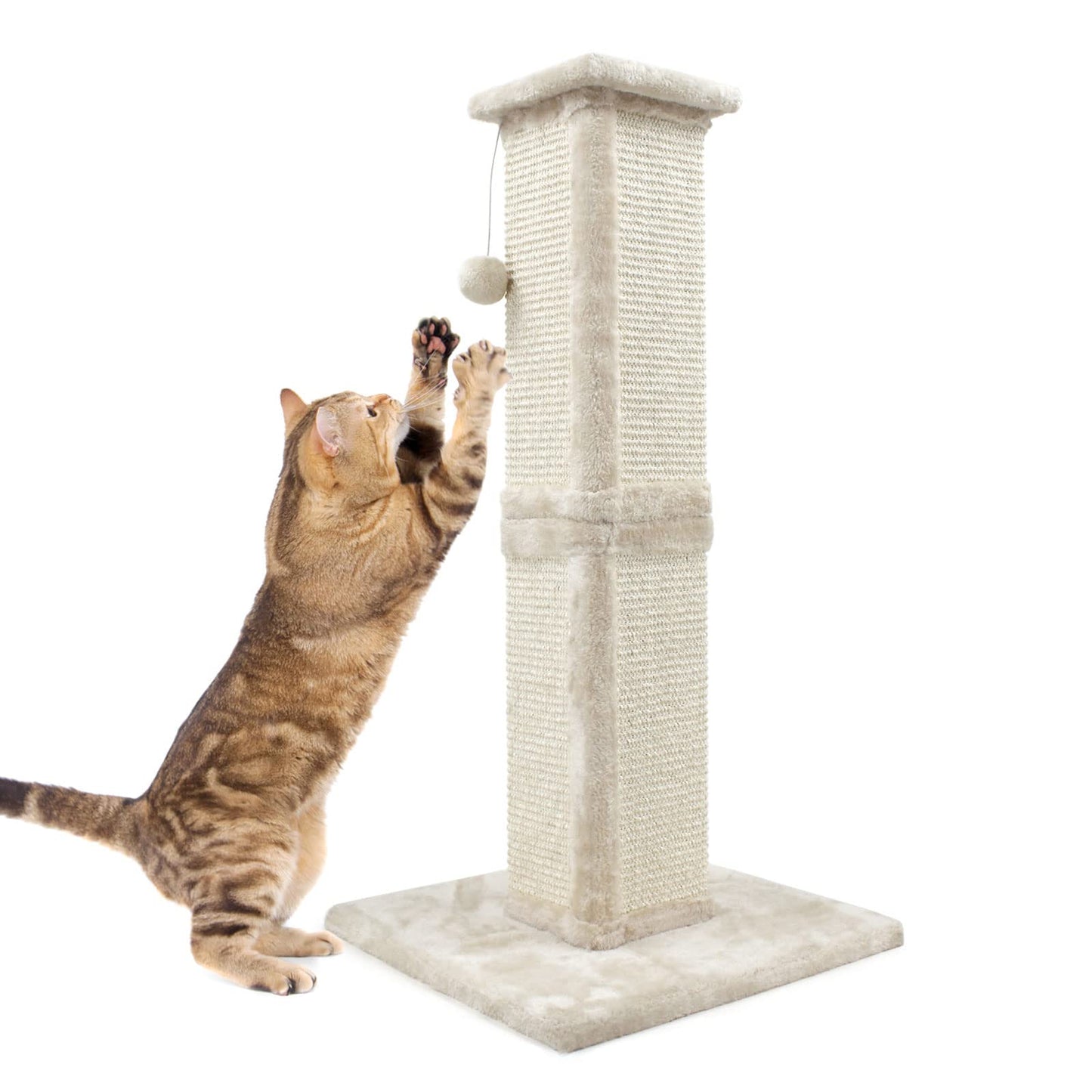 SONGWAY Tall Cat Scratching Post - Natural Sisal Cat Scratcher with Teasing Toy Ball and Covered with Soft Plush, Scratch Toy for Cats Kittens, Beige