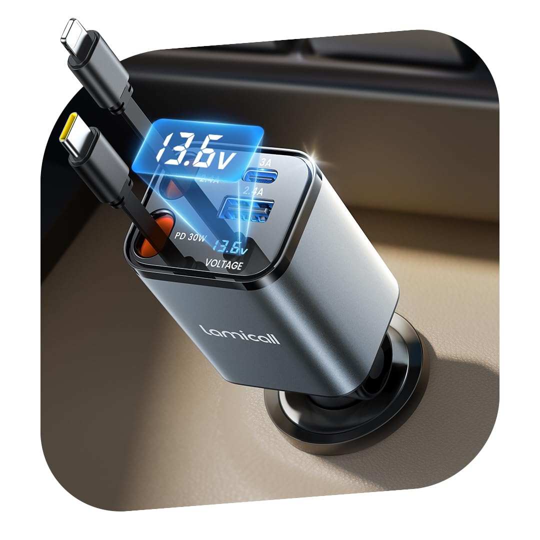 Lamicall 4 IN 1 Retractable Car Charger Adapter - [50% Smaller] [Voltage Display] 69W Cigarette Lighter USB Charger, Car Phone Charge with 2