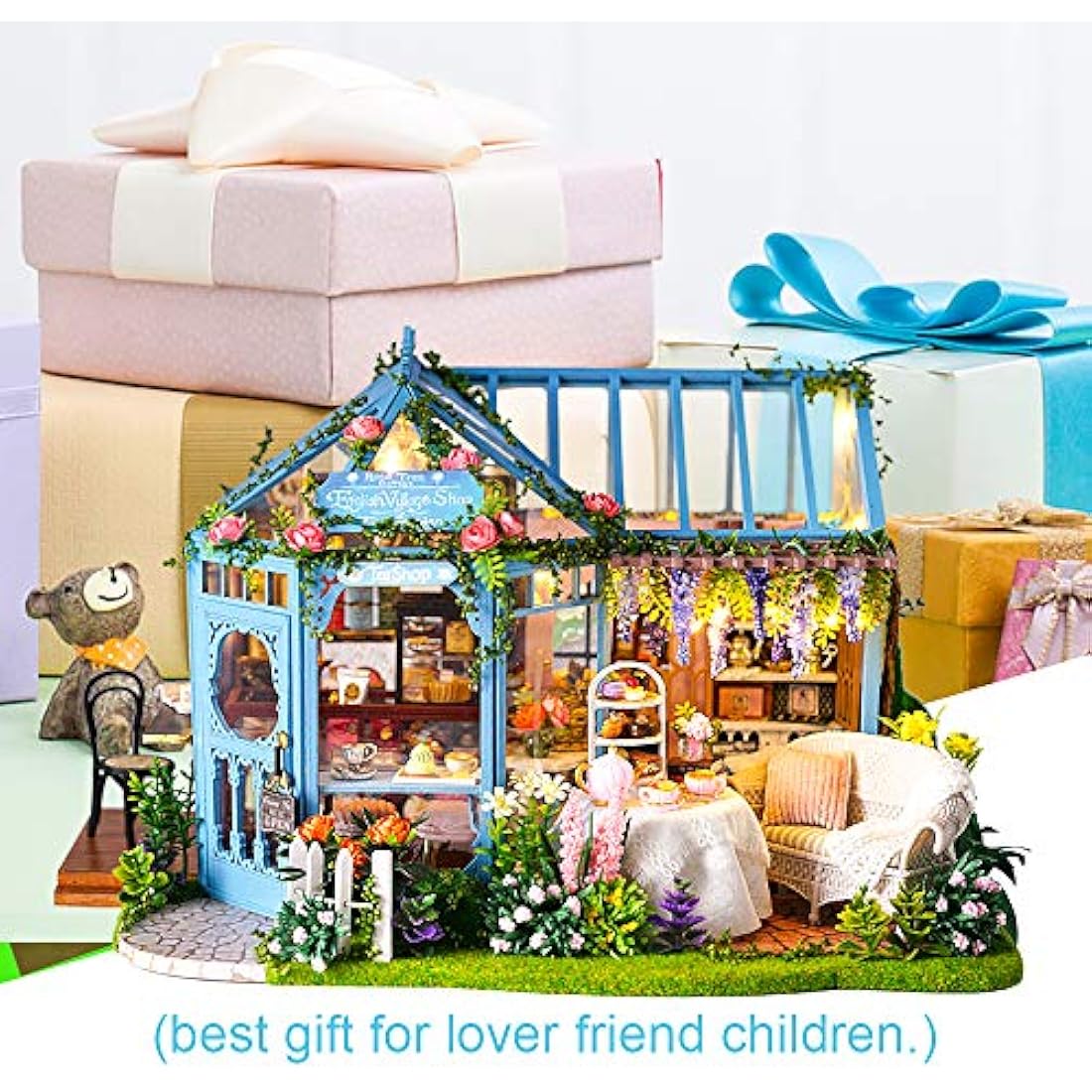CUTEBEE Dollhouse Miniature with Furniture, DIY Wooden DollHouse Kit, 1:24 Scale Creative Room for Valentine's Day Gift Idea-Rose Garden Tea House