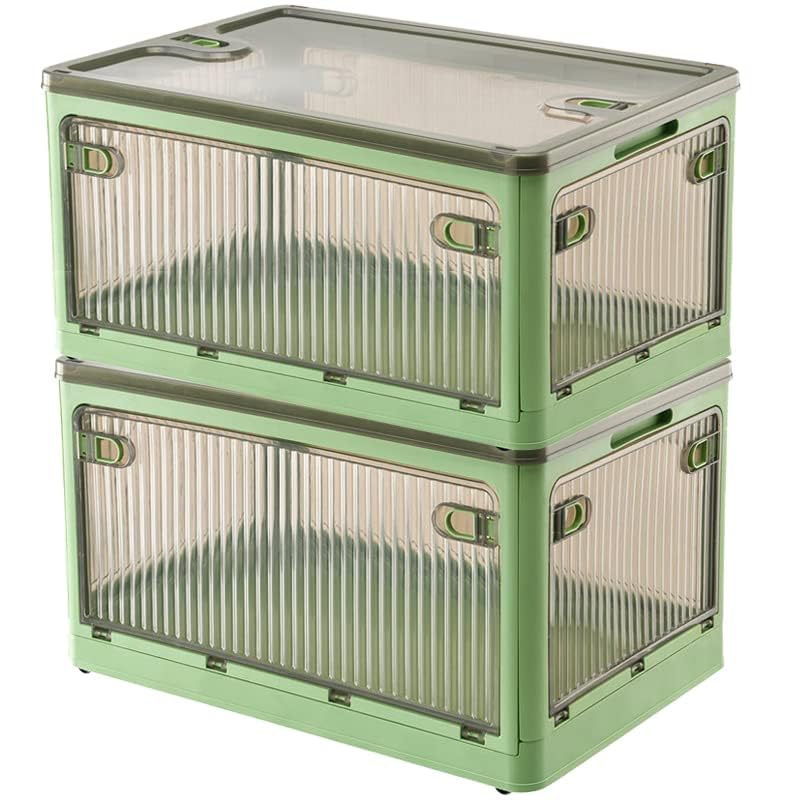 Creahaus 2Pack Storage Boxes with Lids, 28L Stackable Bins for Storage with Wheels, Folding Storage Boxes with Five Doors, Storage Containers
