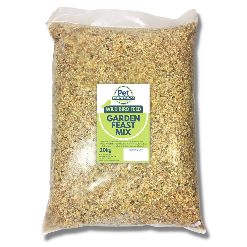 Pet Performance Garden Feast Wild Bird Seed Mix 20kg - All Year Round Wild Bird Feed With Mealworms & Suet Pellets - 100% Natural Nutritional Garden