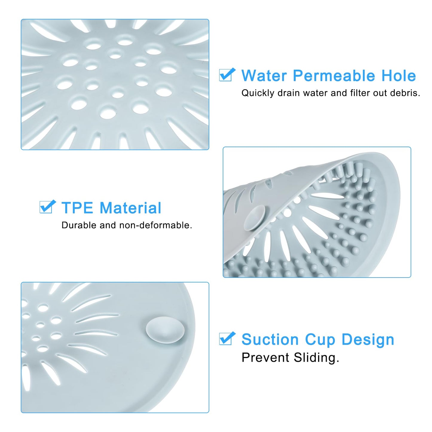 sourcing map Hair Drain Catcher, 5.51inch Round Tub Drain Covers Drain Protector with Handle Suction Cup for Kitchen Bathroom Balcony, Light Blue 2Pcs