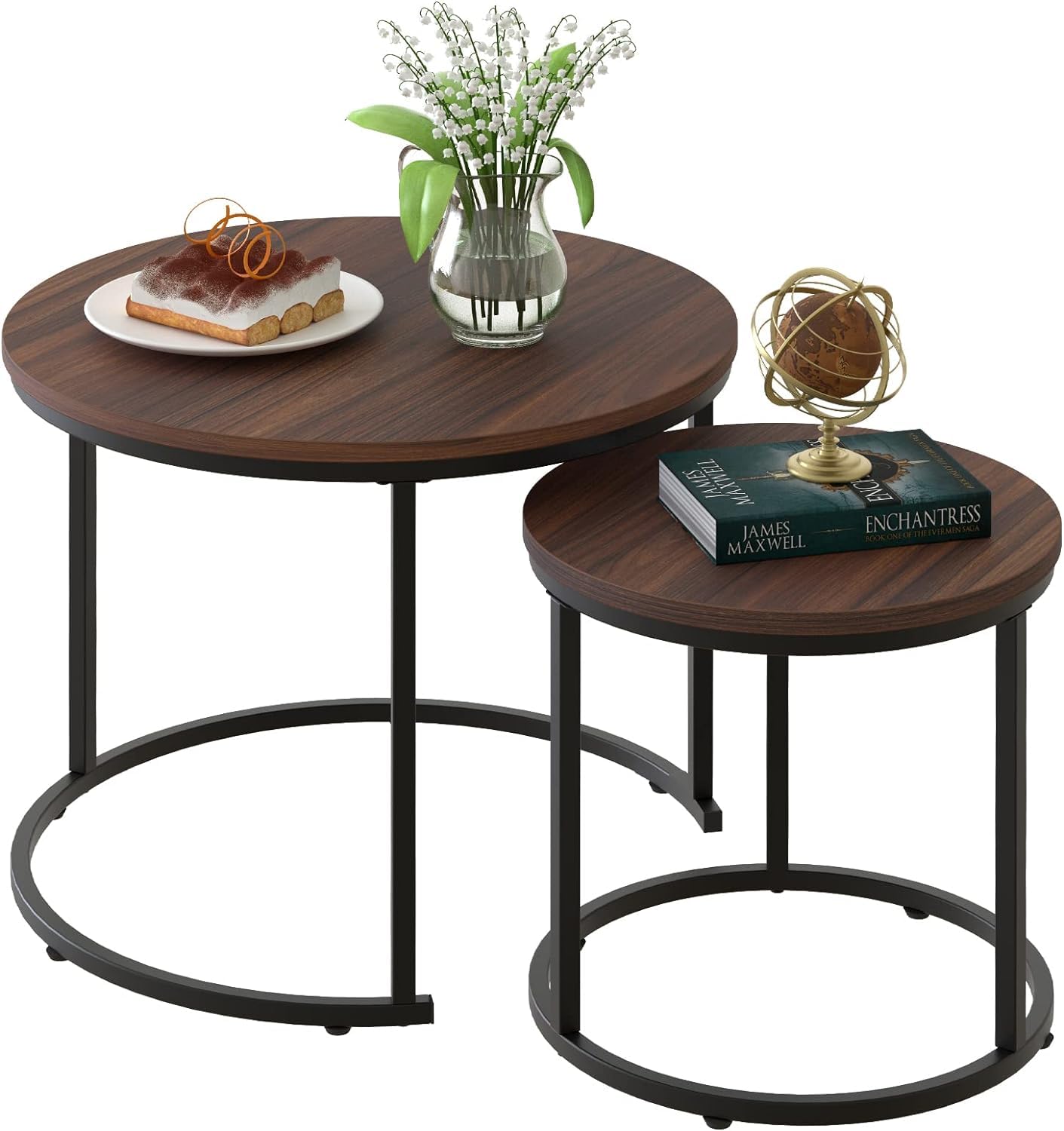Huhote Round Coffee Tables, Set of 2 End Table, Nesting Tables, Side Table