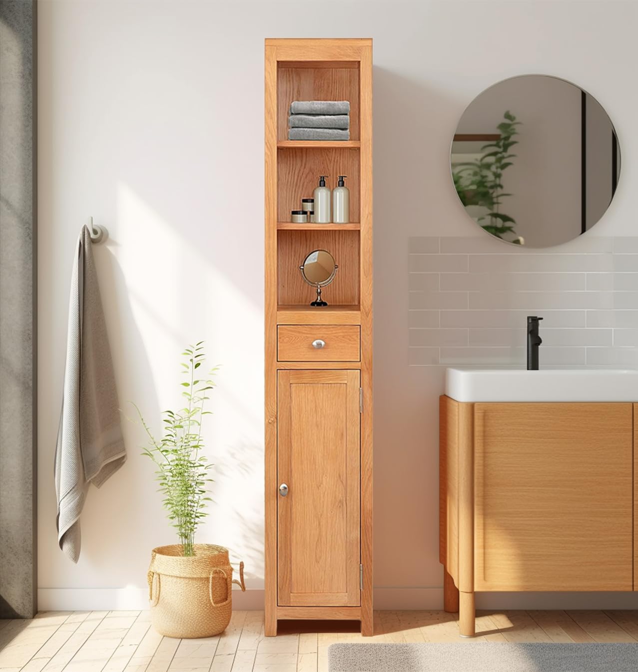 Hallowood Furniture Waverly Oak Bathroom Storage Unit with Drawer and Open Shelves, Narrow and Freestanding Tall Slim Bathroom Cabinet, Display